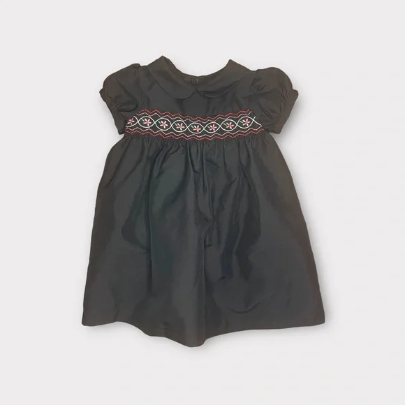 OshKosh Smocked Black Satin Peter Pan Collar Dress