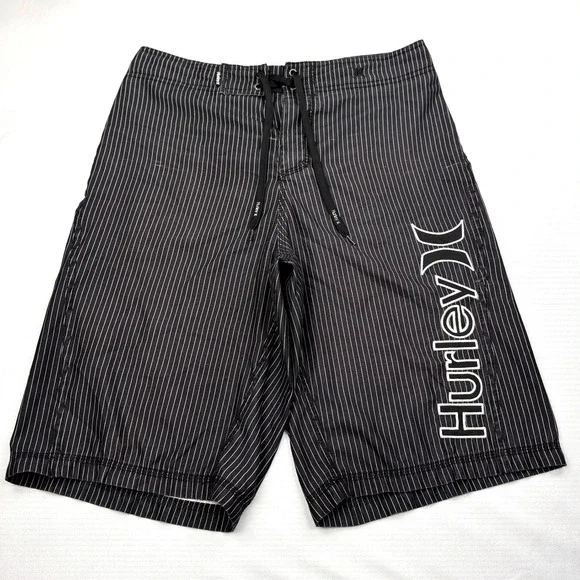 Hurley Pinstripe Board Shorts Mens 30 Black Large Embroidered Logo Surf Trunks