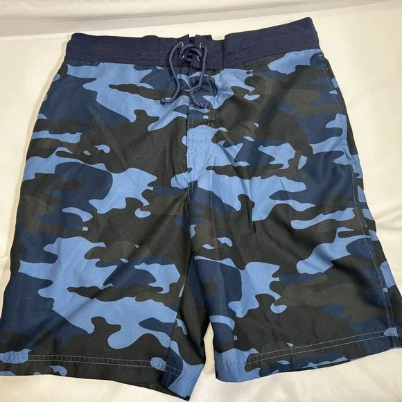 Bass Pro‎ Swim Shorts Mens M Blue Camo Drawstring Mesh Pockets Trunks Polyester