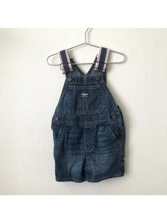 Oshkosh B’gosh blue denim shoralls shorts overalls stripe straps