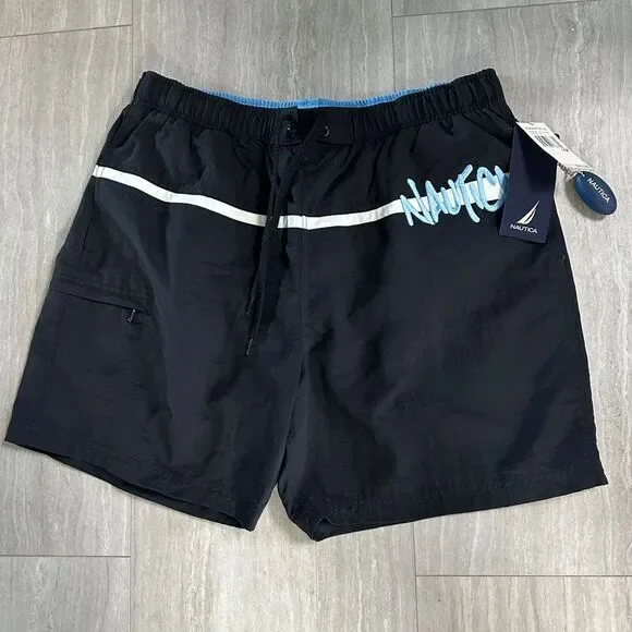 NEW Nautical Men Swim Trunks Black white Stripe Blue Embroidered Nautica Pockets