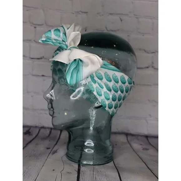 Vintage Teal Ombre Leaf Print Scarf – 50s Rockabilly Head Wrap / Neck Scarf