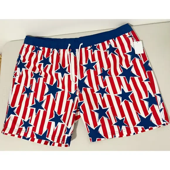 Mad Engine Mens Star Print Striped Americana 4th Of July Swim Trunks XL New