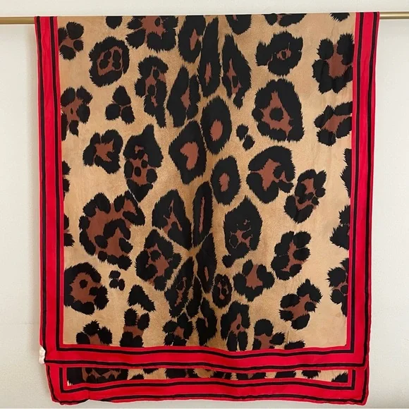 Large Perry Ellis Silk‎ Scarf Wrap Shawl Animal Print Tan Black Red Bordered