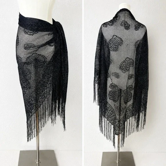 Paisley Black Metallic Shawl With Fringe Sheer Sparkle Witchy Boho Festival OS