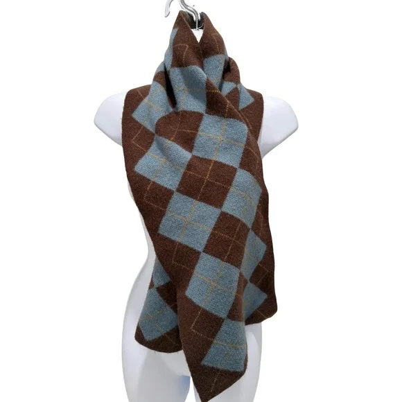 Argyle Knit Scarf Brown Blue One Size Unisex Winter‎ Preppy Academia Cozy