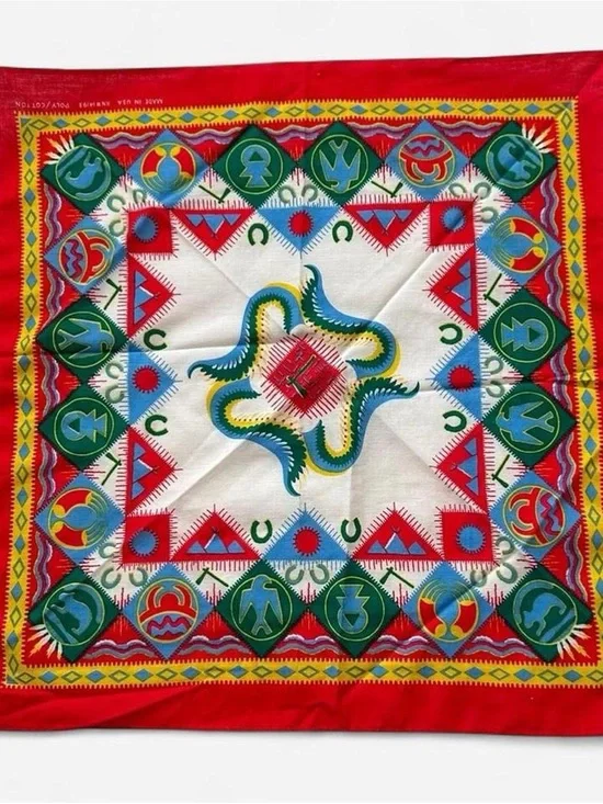 Vintage 1990s Vibrant western Geometric Silk Scarf in Red, Green, Blue, Yellow