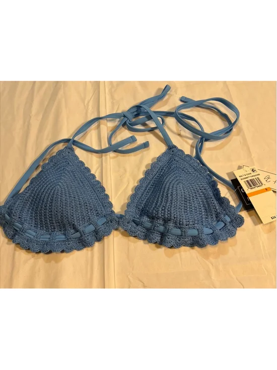 NWT Salt + Cove Crochet Bikini Top Womens Medium Blue Triangle Halter Tie Boho