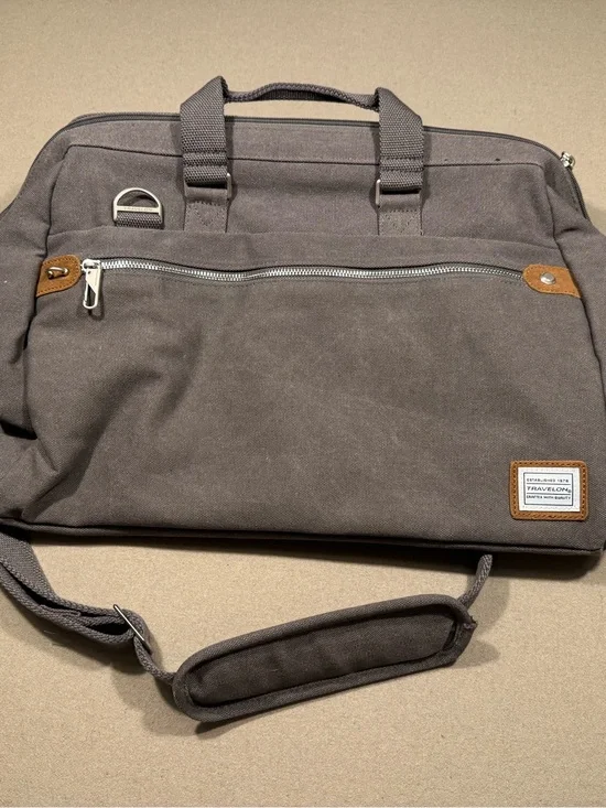 Travelon Charcoal Canvas Laptop Briefcase with Brown Trim anti theft