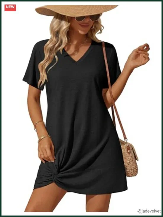 Short Sleeve V-Neck Twist Hem Swimsuit Cover Up Dress S-2XL