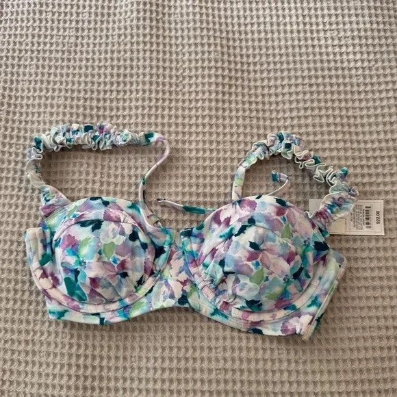Multicolored Floral Bikini Top with Ruffles and Tie Detail