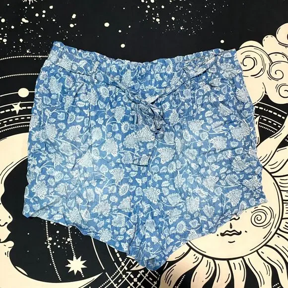 Knox Rose Paperbag Shorts Women's 2XL Blue Chambray Floral Over-All Drawstring