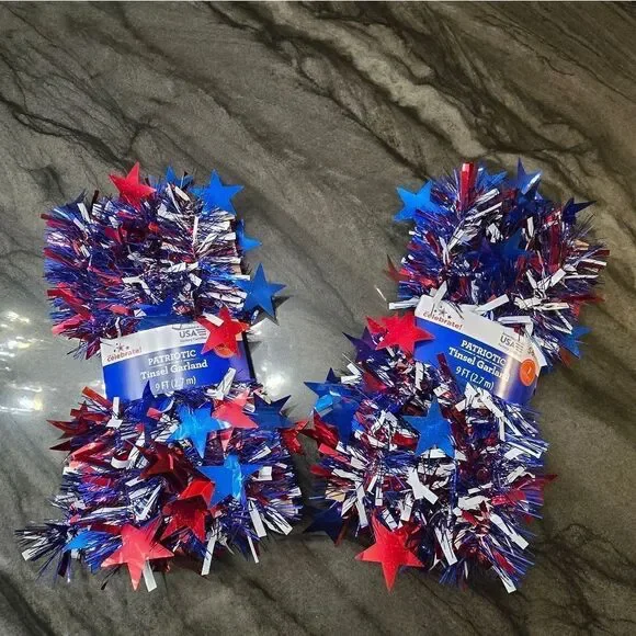 New American 4th of July Patriotic Tinsel garland bundle of 2, 9 ft each