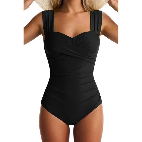 EVOCRCO Women's Black One Piece Swimsuits Tummy Control Bathing Suits Modest M