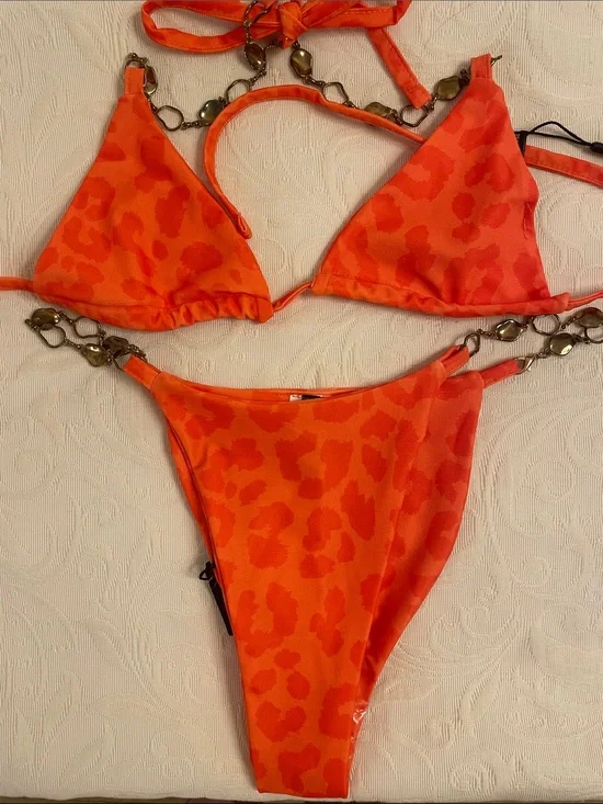 PrettyLittleThing Bright Orange Animal Print Triangle Bikini