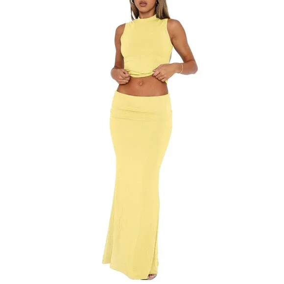 Skirt Women's Yellow Sets 2 Piece Outfits Sexy Two Pc Sleeveless Tank Crop Top M