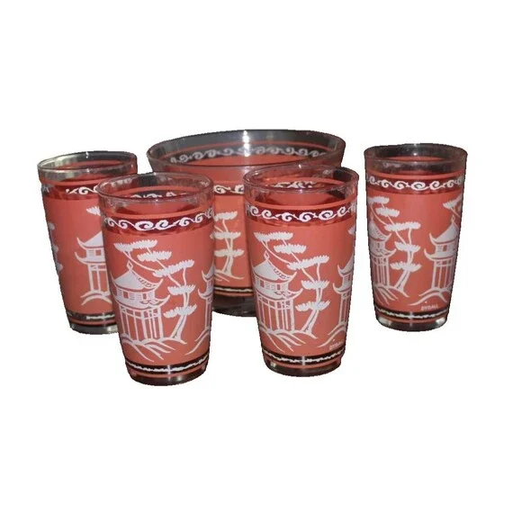 Vintage Hazel Atlas Coral Pink Pagoda Glass Ice Bucket Bowl 5