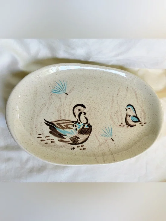 Red Wing Pottery Bob White Quail Hand Painted Oval Platter