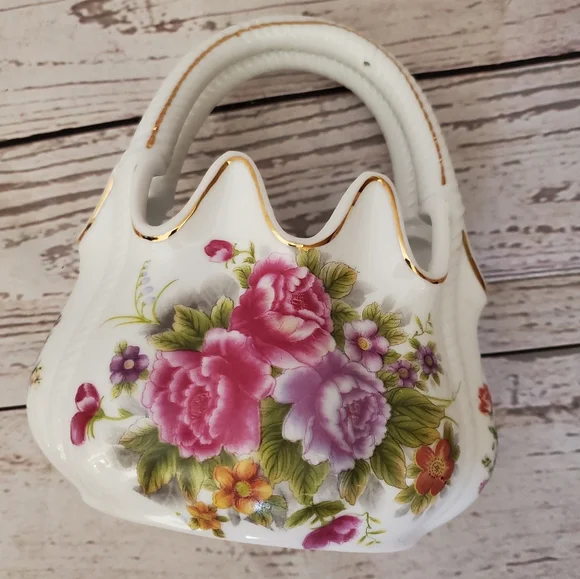 Vintage porcelain basket with flowers on it white, pink, purple, green
