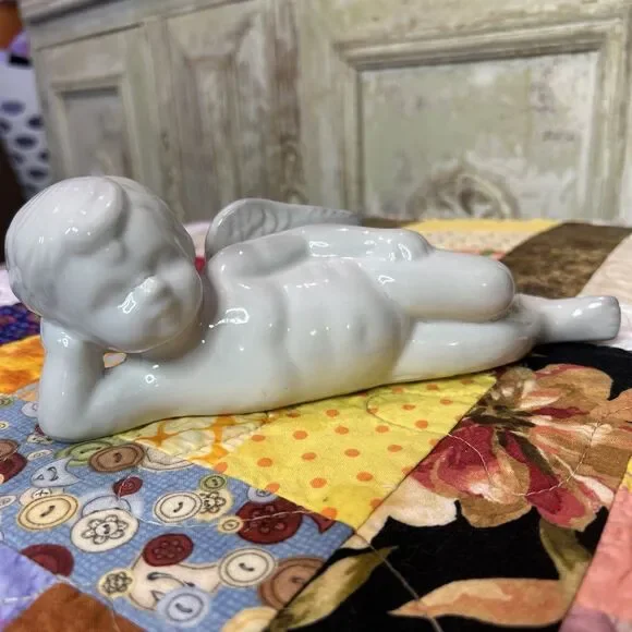 Vintage White Porcelain Cherub Circa 1990 Laying Down Celestial Vibes