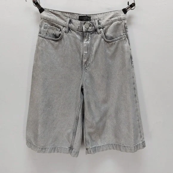 AllSaints Louie Long Shorts Women's 26 Silver Metallic Foil Denim Bermuda Street