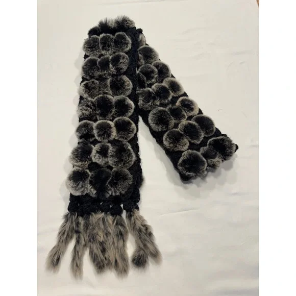 Genuine Rex Rabbit Fur Pom Pom Scarf Tail Fringe OS Black Gray Exc‎