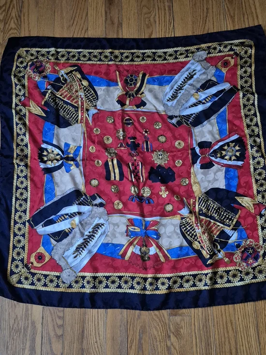 100% Silk Square Scarf with Military Details in Red, Navy & Gold Trim