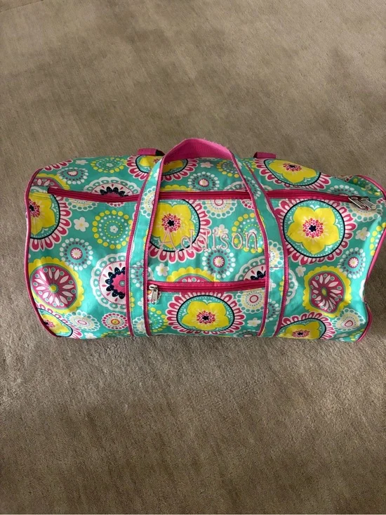 Turquoise Floral Duffle Bag with Pink Trim monogrammed with the name Addison