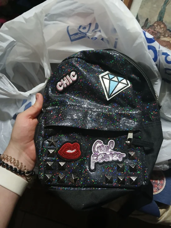 Place black glitter backpack With Patch Embroidery Designs And Beads Makeup Size