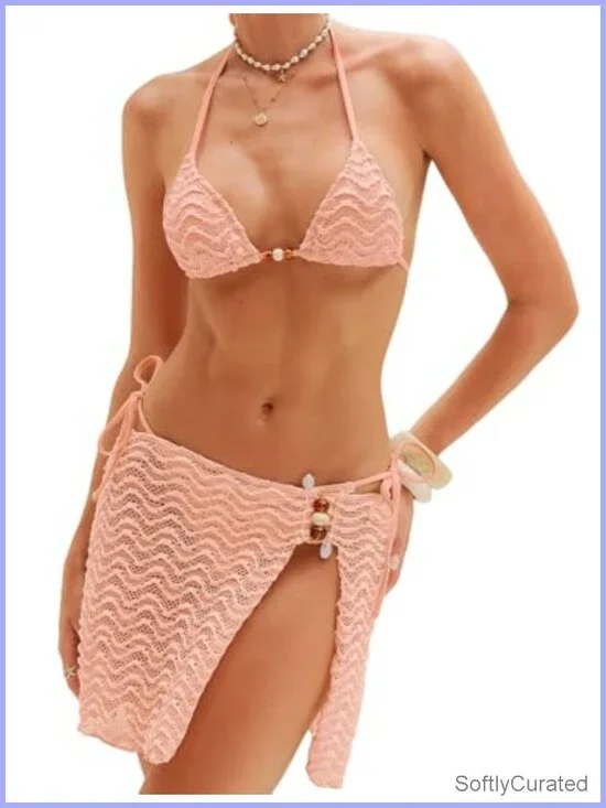 Textured Halter Triangle Bikini Set with Cover Up Skirt
