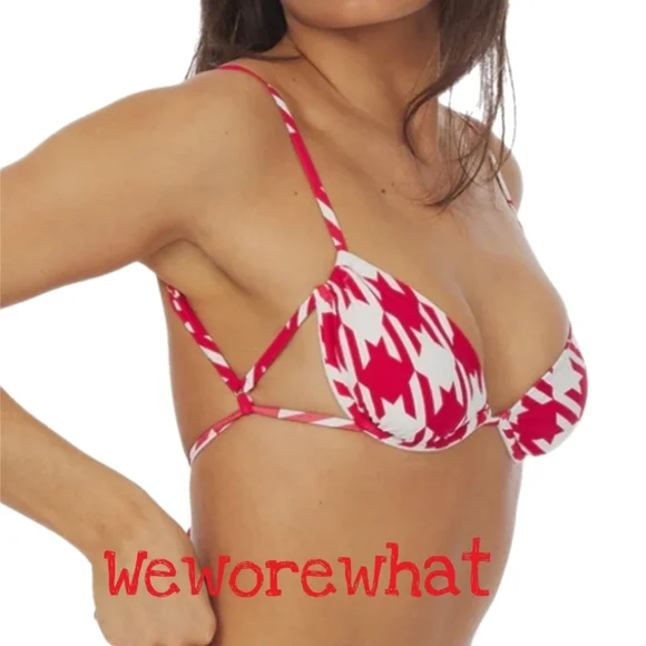 We Wore What Womens Sz L Red Cherry & White Hounds Tooth Swim Suit Top