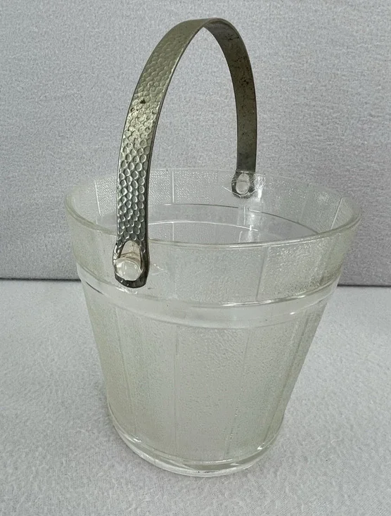 Vintage Anchor Hocking Clear Glass Ice Bucket Metal Handle Retro MCM Barware