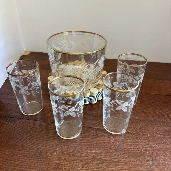 VTG‎ Bartlett Collins Frosted Grape Leaf Gold Rim Glasses 8oz (4) W/ Ice Bucket