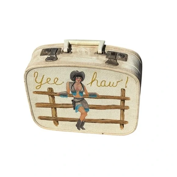 Vintage Hand Painted Cowgirl Suitcase Western Pin Up Yee Haw Folk Art Luggage‎