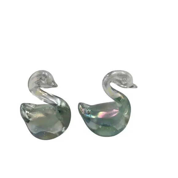 Vintage Iridescent‎ Glass Swan Figurines Set of 2 Multicolor