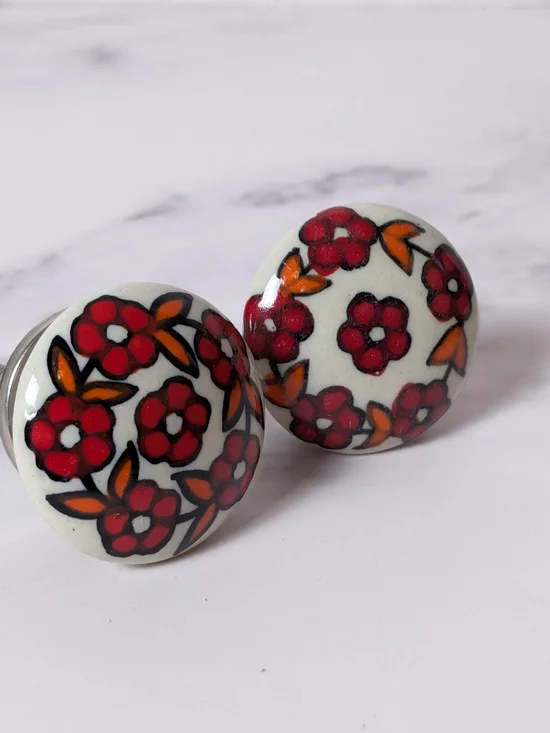 Hand-Painted Ceramic Drawer Knobs with Red Floral Design