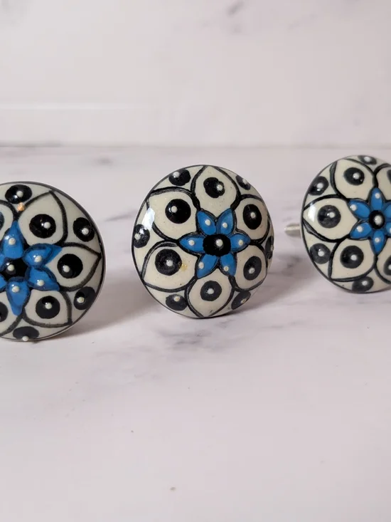 Decorative Ceramic Drawer Knob - Blue Floral Pattern