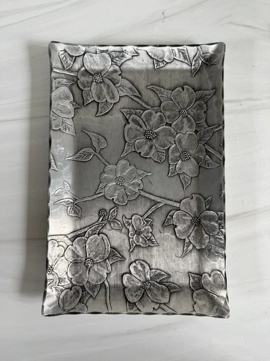 Vintage Dogwood Embossed Heavy Aluminum Trinket Tray from American Forging