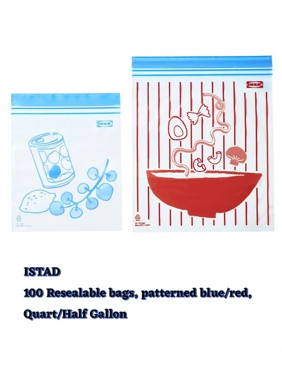 ISTAD Resealable Food Storage Bags - Blue & Red Patterned (100 Pack)