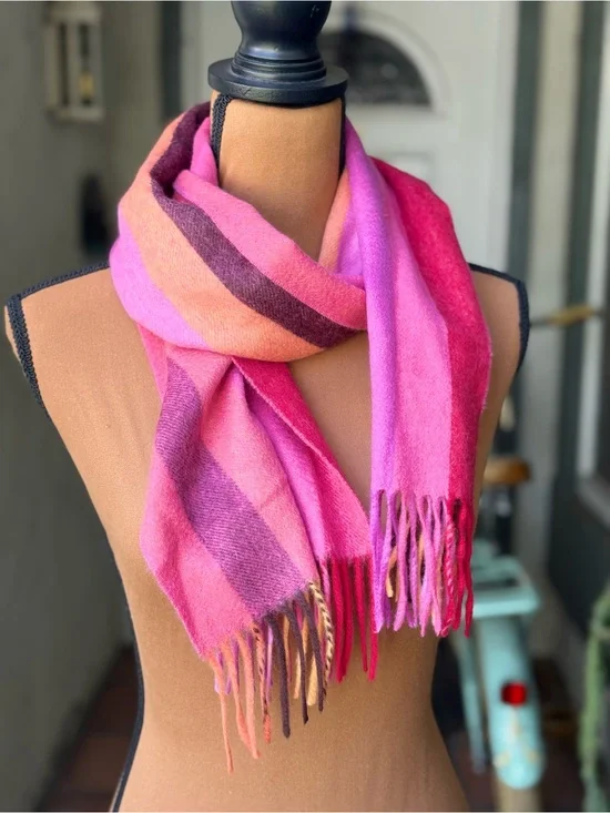 Designer 100% Cashmere Scarf Striped Multi Shades Of Pink Yellow Purple