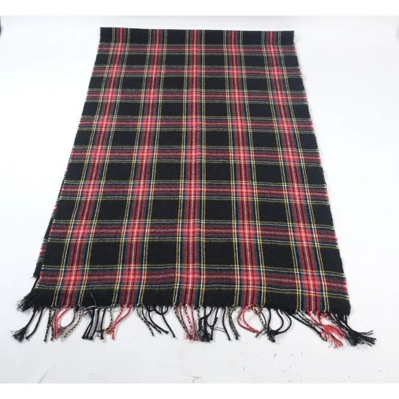 J.Crew Scarf Unisex OS Black Red Plaid Tartan Fringe Acrylic Winter Accessory