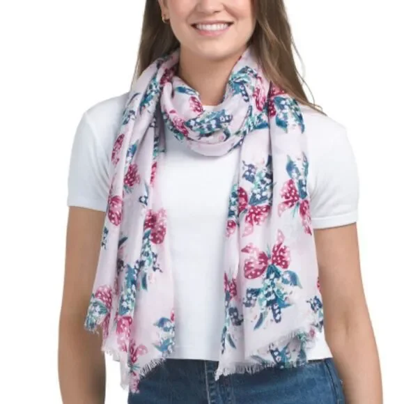 Vera Bradley Happiness Returns Pink Blue Lilly of the Valley Soft Fringe Scarf