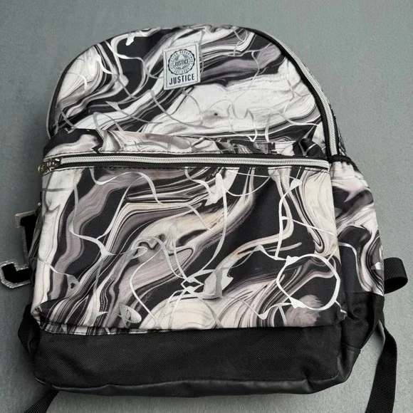 Justice Girls Black White Marble Swirl Backpack Silver Metallic Accents School