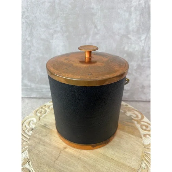 Coppercraft Guild Vintage Copper Ice Bucket Black Faux Leather MCM Barware USA