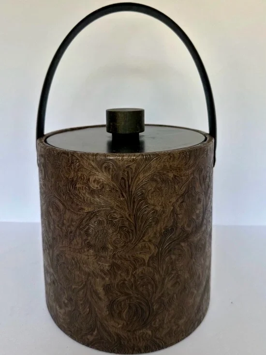 Vintage Irvinware Ice Bucket Brown Tooled Vegan Leather with Lid  Made USA
