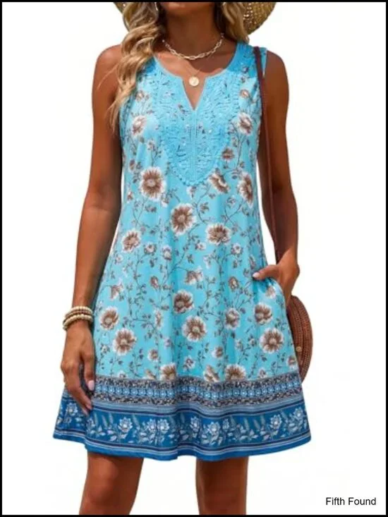 Lace Trim Tank Dress Swimsuit Cover Up Sleeveless V-Neck Boho Beach Mini Dress