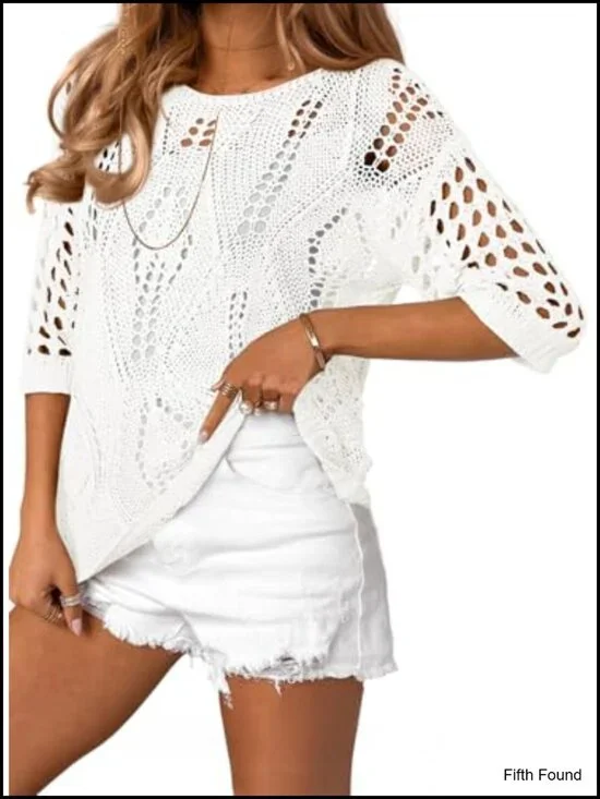 Crochet Hollow Out Knit Tops Half Sleeve Beach Cover Ups