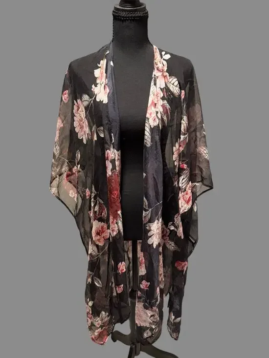 Women's Black Floral Sheer Kimono Cardigan Boho Open Front Cover Up One Size