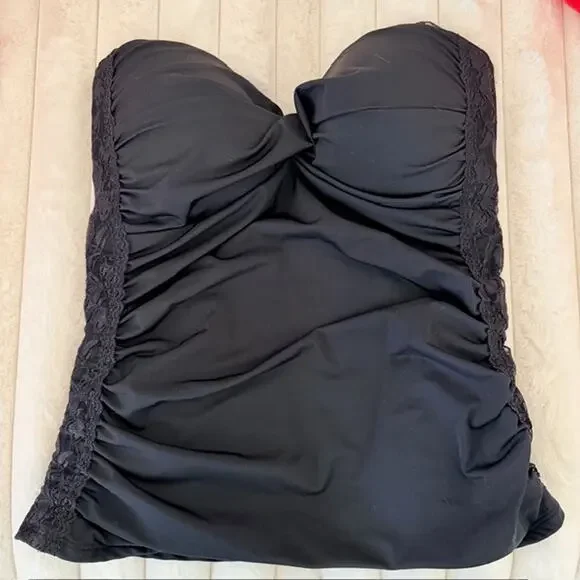 Spanx Tankini Strapless Top Women 10 Black‎ Twisted Front Lace Detail Style 1373