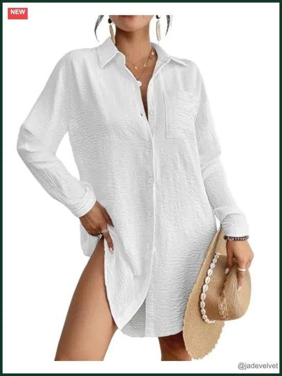 Long Sleeve Button Down Beach Cover Up Shirt Dress